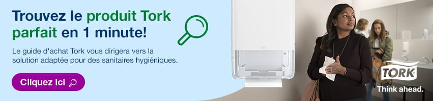 Trouvez le produit Tork parfait en 1 minute! Le guide d'achat Tork vous dirigera vers la solution adaptée pour des sanitaires hygiéniques.