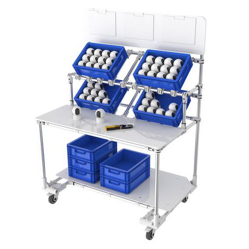 Mobiele werkpost met toevoer aan de voorzijde, 2 legborden met informatiepaneel - Trilogiq