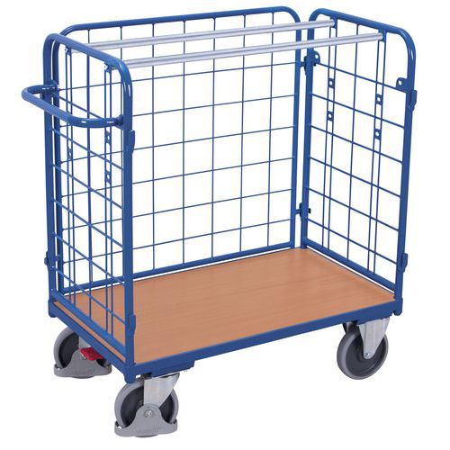 Chariot grillagé bas pour colis avec 3 parois