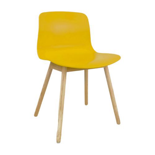 Chaise reconditionnée coque jaune - Piètement bois