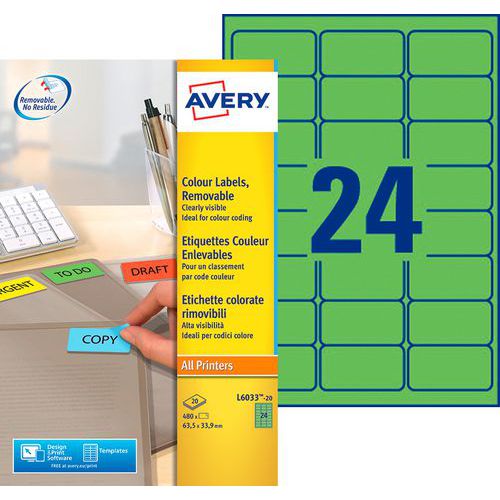 Herplaatsbaar kleurenetiket Avery - Voor laser-, inkjetprinter, kopieerapparaat