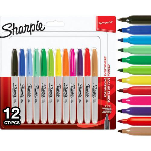 Set van 12 permanente markeerstiften fijne punt - Diverse kleuren - Sharpie®
