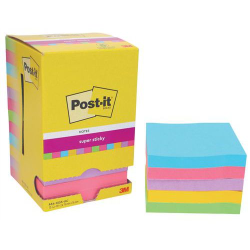 Memo Post-it® Super Sticky 76x76 mm 12 blokken assorti