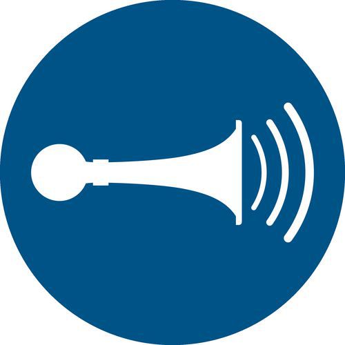 Pictogram Gebruik geluidshoorn verplicht, Zelfklevend: nee, Stijf: ja, Norm ISO 7010: ja, Paneel vorm: Rond