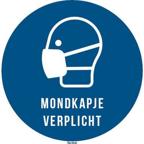 Pictogram mondkapje verplicht met tekst, Zelfklevend: nee, Stijf: ja, Norm ISO 7010: nee