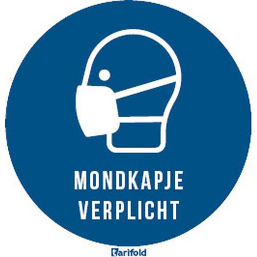 Pictogram mondkapje verplicht met tekst, Zelfklevend: nee, Stijf: ja, Norm ISO 7010: nee