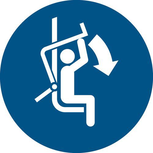 Pictogram Stoeltjeslift sluiten, Zelfklevend: nee, Stijf: ja, Norm ISO 7010: ja, Paneel vorm: Rond