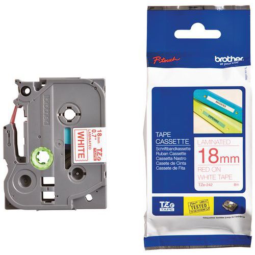 Labelcassette voor labelprinter Brother, Karakters kleur: Rood, Lengte lint: 8 m, Breedte: 18 mm