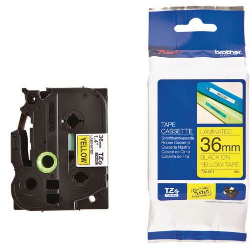 Labelcassettes voor labelprinters Brother, Karakters kleur: Zwart, Lengte lint: 8 m, Breedte: 36 mm