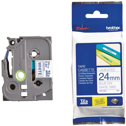 Labelcassettes voor labelprinters Brother, Karakters kleur: Blauw, Lengte lint: 8 m, Breedte: 24 mm
