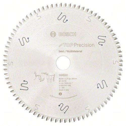 Cirkelzaagblad Top Precision Multi Material, Asgat Ø: 30 mm, Ø: 25.4 cm, Aantal tanden: 80