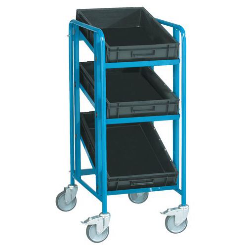 Chariot acier inclinable pour bacs - 3 à 5 plateaux - avec bacs