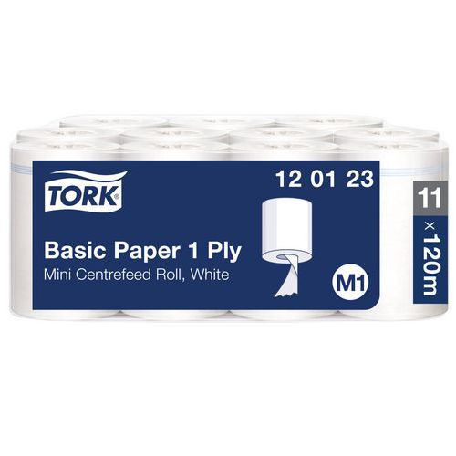 Poetsrol Tork Basic, Kleur: Wit, Type: Papierrol, Aantal vouwen: 1, Aantal vellen/rol: 343, Lengte: 1200 cm