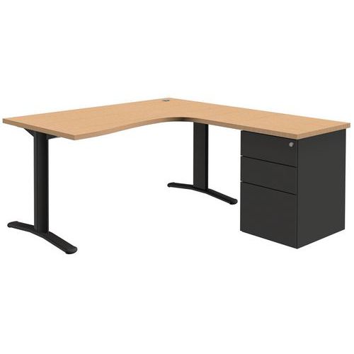 Bureau compact Pure met ladeblok - Eiken/donkergrijs - Vast onderstel