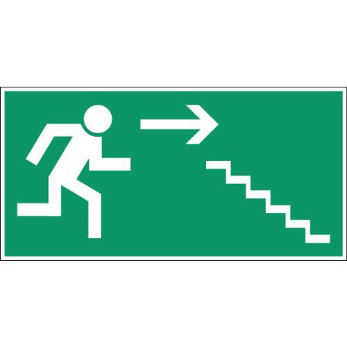 Panneau d'évacuation-secours - Vluchtweg via trap rechtsbeneden (Escalier de secours descente à droite en néer