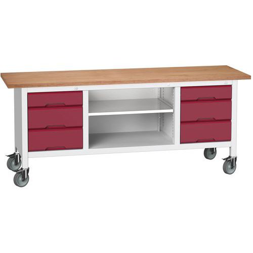 Verrijdbaar werkbank uit één stuk Verso 2000 x 600 M34, Totale hoogte: 830 mm, Aantal laden: 6