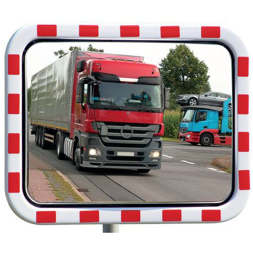 Verkeersspiegel van acryl, rood/wit frame, Bewakingsradius: 27 m, Vorm: Rechthoek, Frame kleur: Rood/wit
