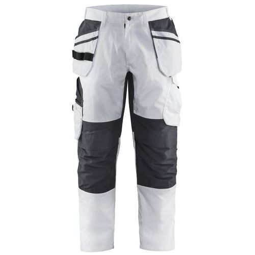 Pantalon peintre stretch blanc/gris foncé, poches flottantes