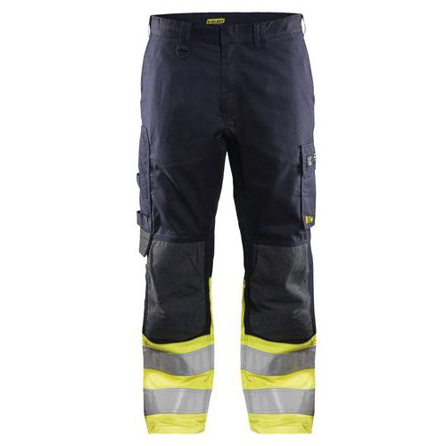 Pantalon multinormes inhérent marine/jaune fluo, poches côtés en biais