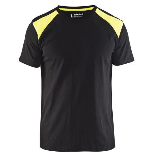 T-shirt noir/jaune fluorescent, col maille côtelée
