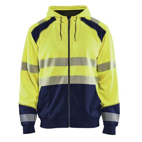 Sweat zippé à capuche haute visibilité jaune fluorescent/marine