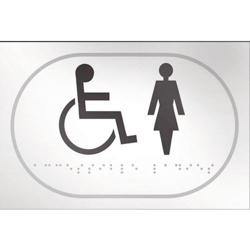 Bord picto voor rolstoelgebruiker + vrouw in relief en in braille