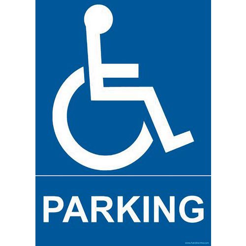 Parkeerbord PARKING + pictogram rolstoelgebruiker, Zelfklevend: nee, Materiaal: PVC, Karakters kleur: Wit