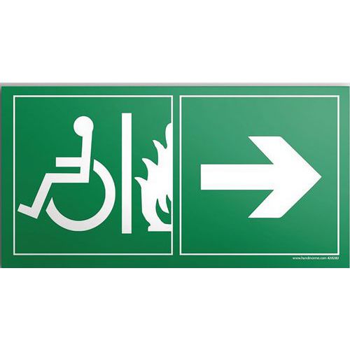 Evacuatiebord voor minderinvaliden nooduitgang rechts, Zelfklevend: nee, Karakters kleur: Wit, Materiaal: PVC