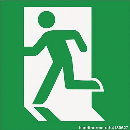 Bord nooduitgang links, Zelfklevend: nee, Stijf: ja, Norm ISO 7010: nee, Paneel vorm: Vierkant
