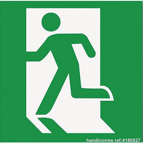 Bord nooduitgang links, Zelfklevend: ja, Stijf: nee, Norm ISO 7010: nee, Paneel vorm: Vierkant