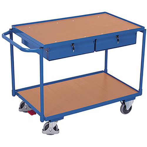 Wagen met 2 plateaus en duwstang naar beneden