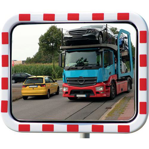 Verkeersspiegel van acryl, rood/wit frame, Bewakingsradius: 32 m, Vorm: Rechthoek, Frame kleur: Rood/wit