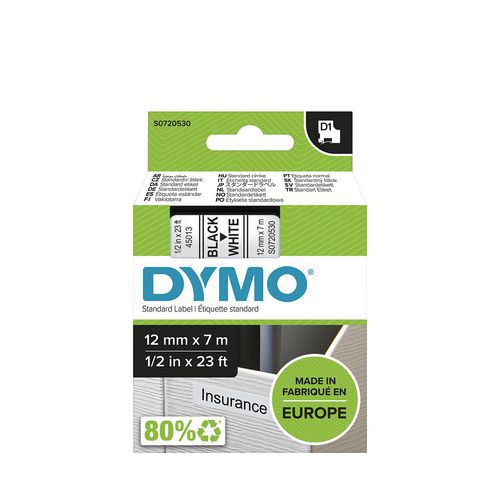 Labelcassette D1 breedte 12 mm, Karakters kleur: Zwart, Lengte lint: 7 m, Breedte: 12 mm, Lengte: 7 m