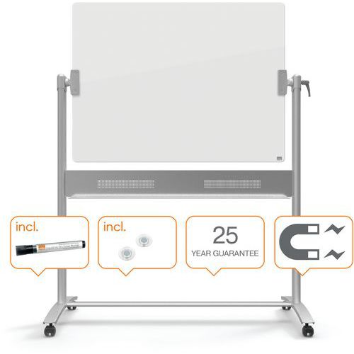 Mobiel, draaibaar whiteboard in glanzend wit glas - Nobo