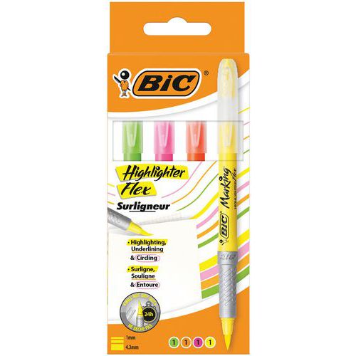 Markeerstift BIC Highlighter Grip Flex - Etui met 4 kleuren assorti