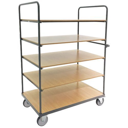 Hoge wagen met 5 houten plateaus - Draagvermogen 400 tot 500 kg - Manutan