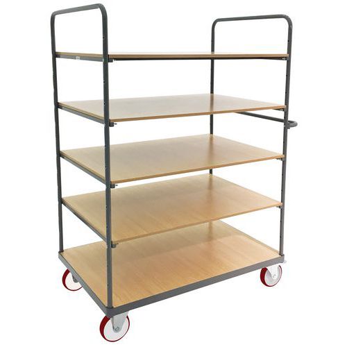 Hoge wagen met 5 houten plateaus, Max. belasting: 500 kg, Totale hoogte: 1760 mm, Totale breedte: 600 mm
