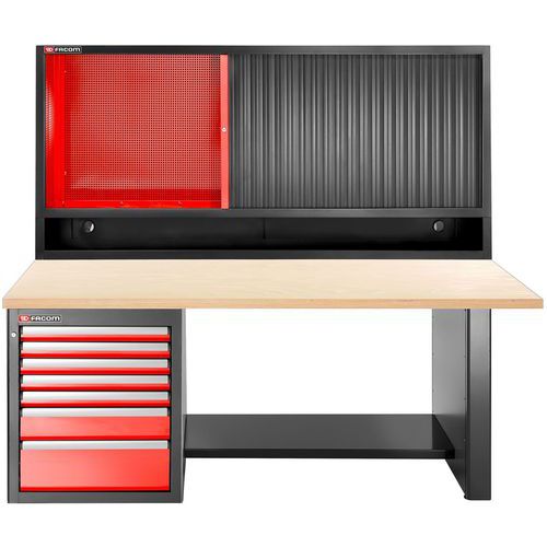 Werkbank laag 7 laden met rolkast met houten bovenblad - Facom