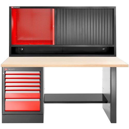 Werkbank hoog met 7 laden en rolkast en houten bovenblad - Facom