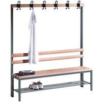 Banc De Vestiaire Double Face Avec Dossier Et Portemanteaux | Hêtre Massif, 1000mm | Finition époxy Gris Clair