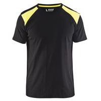 T-shirt noir/jaune fluorescent, col maille côtelée