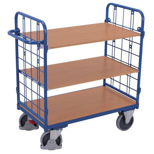 Wagen met 3 houten plateaus - Verticale duwbeugel - Draagvermogen 500 kg Wagen met 3 houten plateaus - Verticale duwbeugel - Draagvermogen 500 kg
