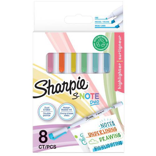 Markeerstiften S-Note Duo schuine + fijne punt, assorti - Sharpie Markeerstiften S-Note Duo schuine + fijne punt, assorti - Sharpie