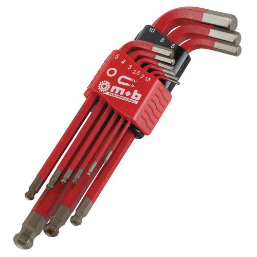 Set van 9 lange binnenzeskantsleutels met bolle kop en magneet Set van 9 lange binnenzeskantsleutels met bolle kop en magneet