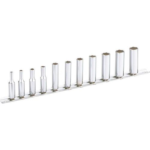 Jeux de 11 douilles longues 6 pans 1/4 en mm sur rack Jeux de 11 douilles longues 6 pans 1/4 en mm sur rack