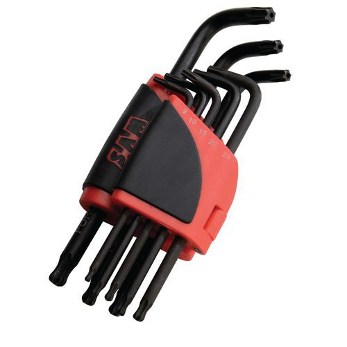 Rek met 8 lange sleutels met bolle kop Torx® en Résistorx®. Rek met 8 lange sleutels met bolle kop Torx® en Résistorx®.