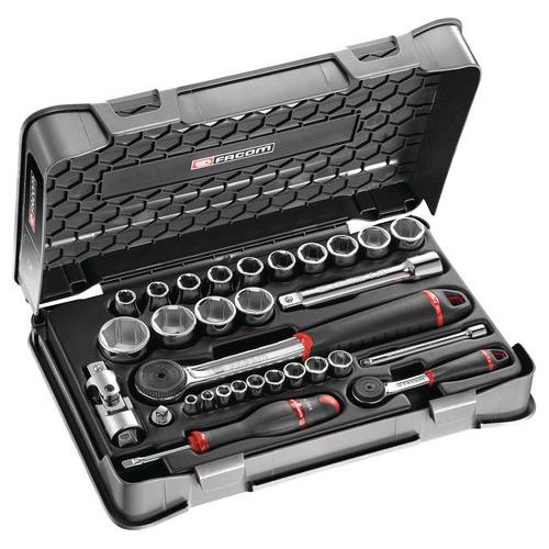 Koffer met combinatieratelsleutel + doppen 1/4 en 1/2 Koffer met combinatieratelsleutel + doppen 1/4 en 1/2