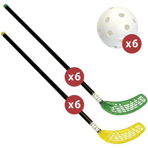 Matériel de unihockey Fiber Unihoc + lot de 12 crosses et 6 balles Matériel de unihockey Fiber Unihoc + lot de 12 crosses et 6 balles