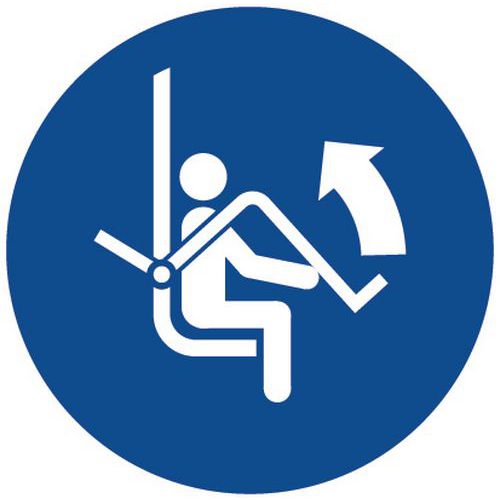Gebodsbord - Reling van de stoeltjeslift omhoog doen - Aluminium Gebodsbord - Reling van de stoeltjeslift omhoog doen - Aluminium