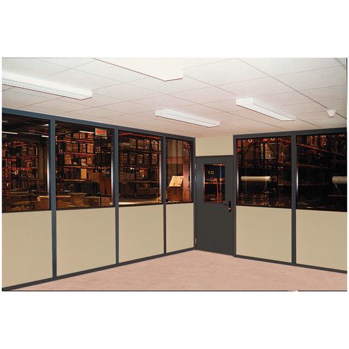 Dubbele scheidingswand in melamine - Paneel voor de helft in glas (dikte 4 mm) - Hoogte 2.75 m
